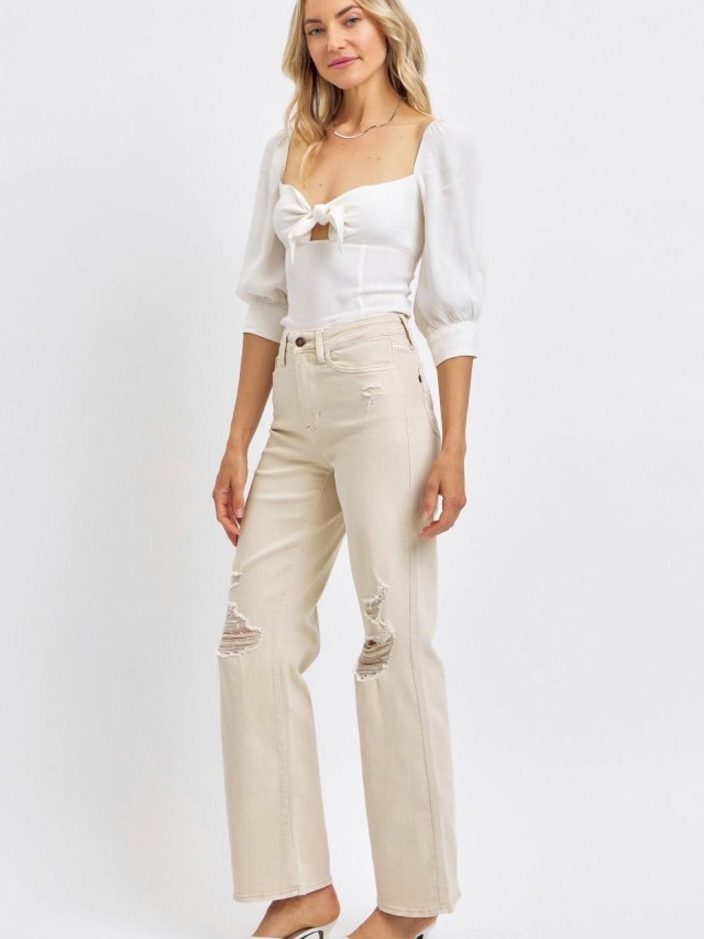 NWT Judy Blue Garment Dyed Bone Khaki High Waist Straight Distressed Jeans 5